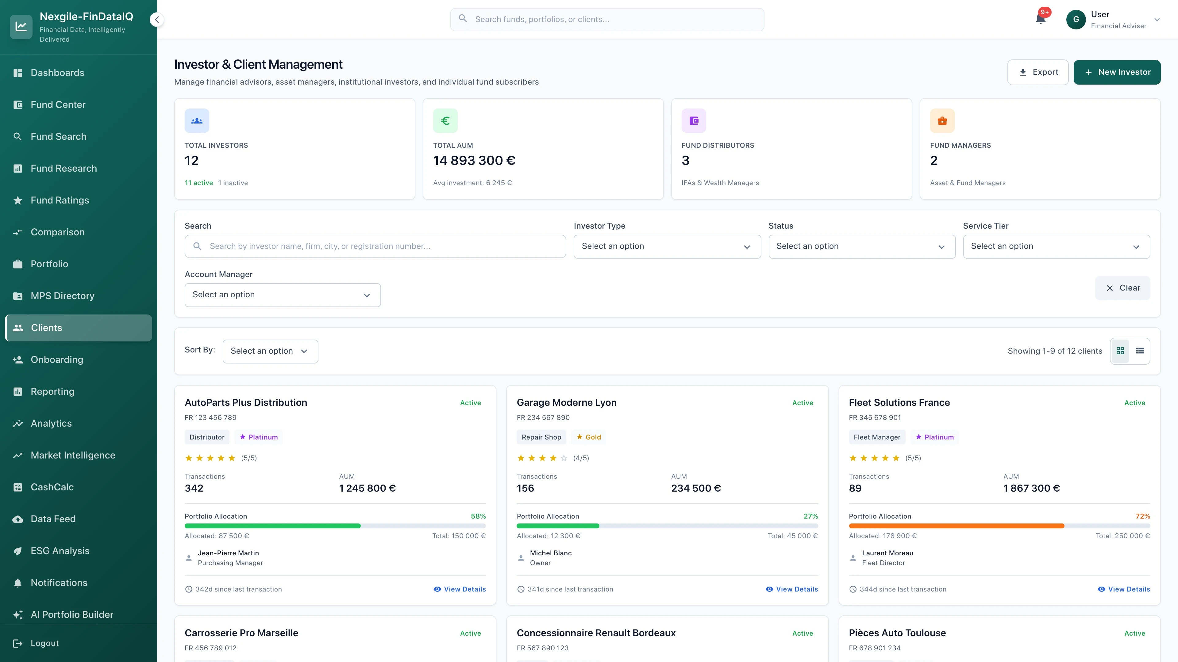 Illustrative preview (sample data, not verified outcomes): Clients management interface - comprehensive view of client portfolios and relationships