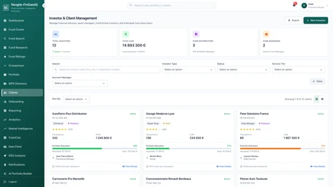 Illustrative preview (sample data, not verified outcomes): Clients management interface - comprehensive view of client portfolios and relationships