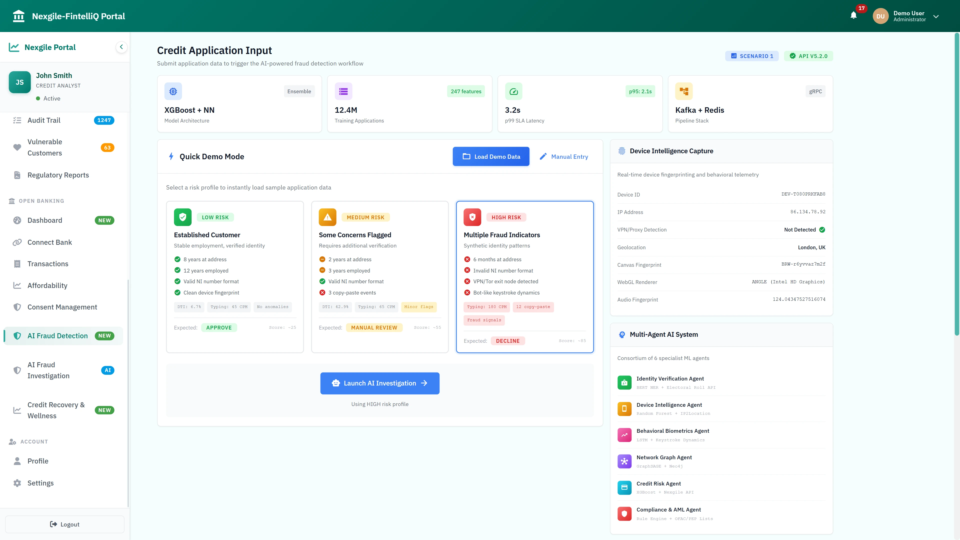 Illustrative preview (sample data, not verified outcomes): Credit Application Input - AI-powered fraud detection workflow with risk profile selection, device intelligence capture, and multi-agent system overview