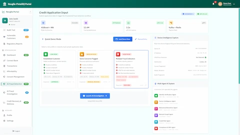 Illustrative preview (sample data, not verified outcomes): Credit Application Input - AI-powered fraud detection workflow with risk profile selection, device intelligence capture, and multi-agent system overview