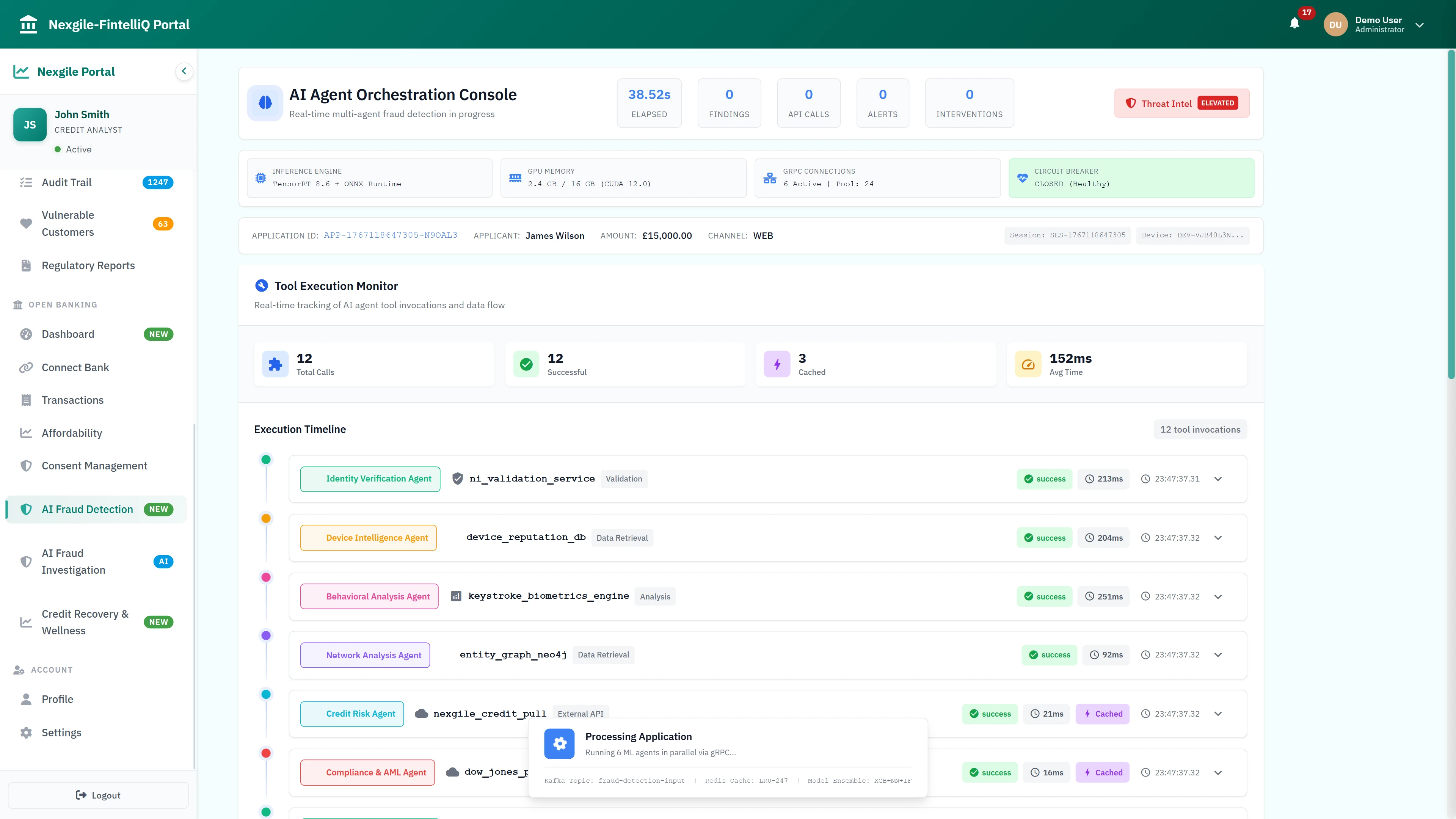 Illustrative preview (sample data, not verified outcomes): AI Agent Orchestration Console - Real-time multi-agent fraud detection with tool execution monitoring and agent activity tracking