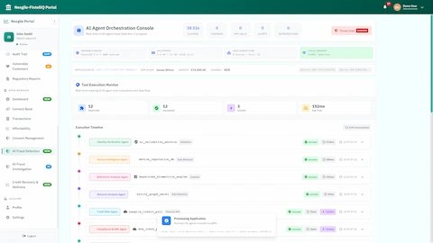 Illustrative preview (sample data, not verified outcomes): AI Agent Orchestration Console - Real-time multi-agent fraud detection with tool execution monitoring and agent activity tracking