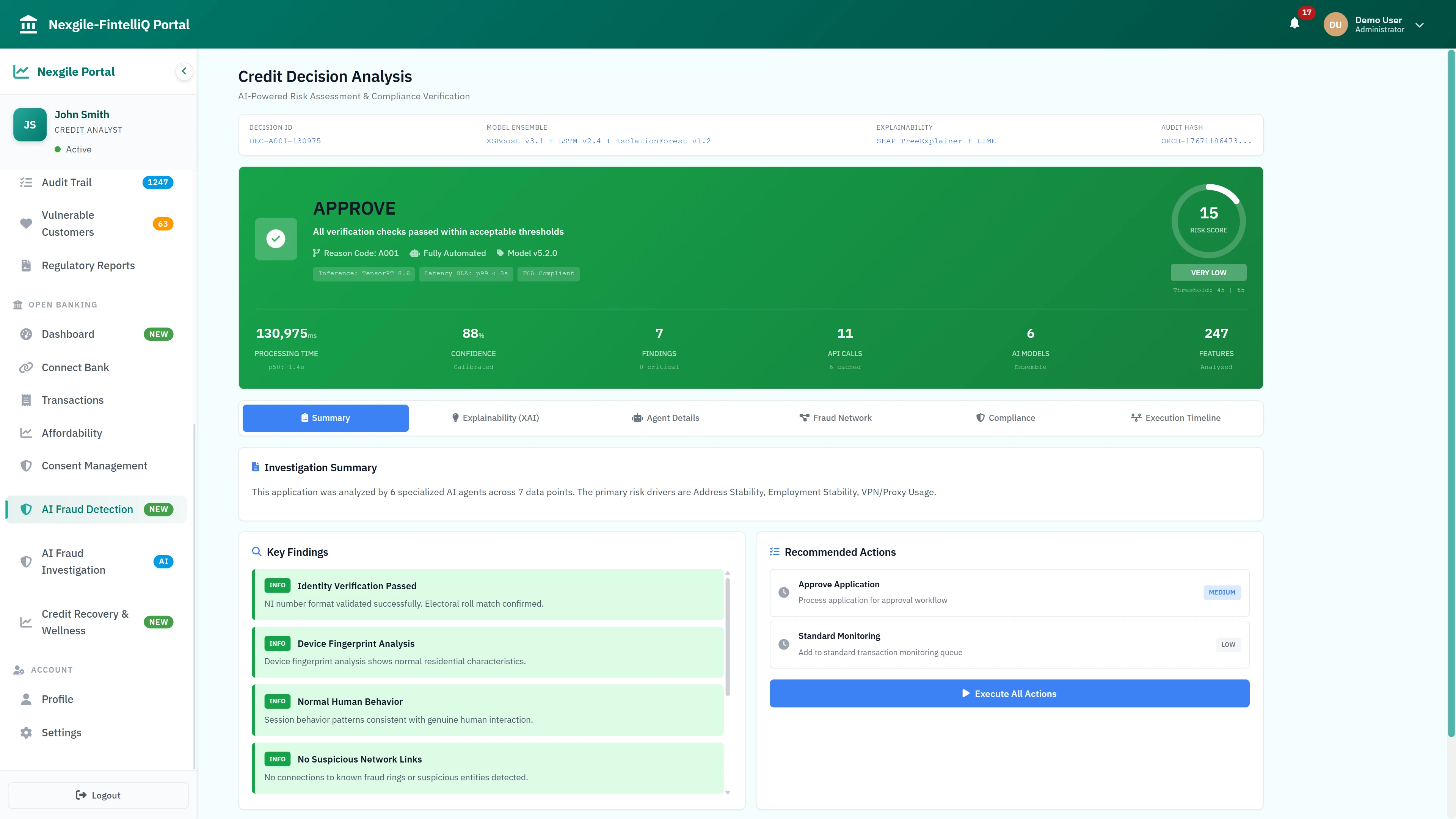 Illustrative preview (sample data, not verified outcomes): Credit Decision Analysis - APPROVE decision with risk score 15, comprehensive investigation summary, key findings, and recommended actions