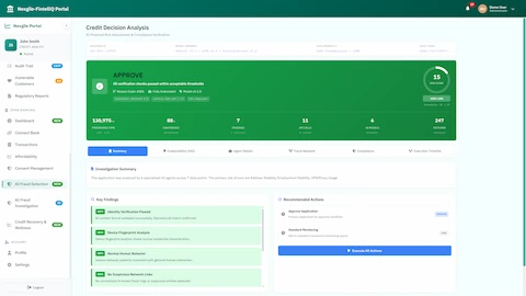 Illustrative preview (sample data, not verified outcomes): Credit Decision Analysis - APPROVE decision with risk score 15, comprehensive investigation summary, key findings, and recommended actions