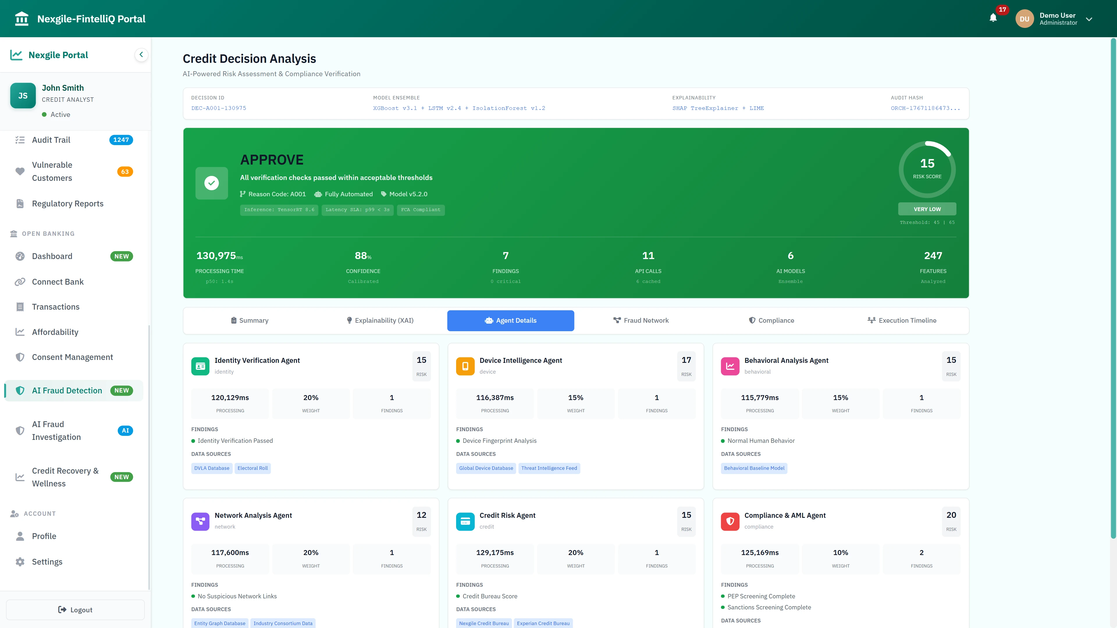 Illustrative preview (sample data, not verified outcomes): Agent Details View - Detailed breakdown of 6 specialist agents with processing times, weights, findings, and data sources