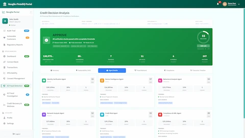 Illustrative preview (sample data, not verified outcomes): Agent Details View - Detailed breakdown of 6 specialist agents with processing times, weights, findings, and data sources