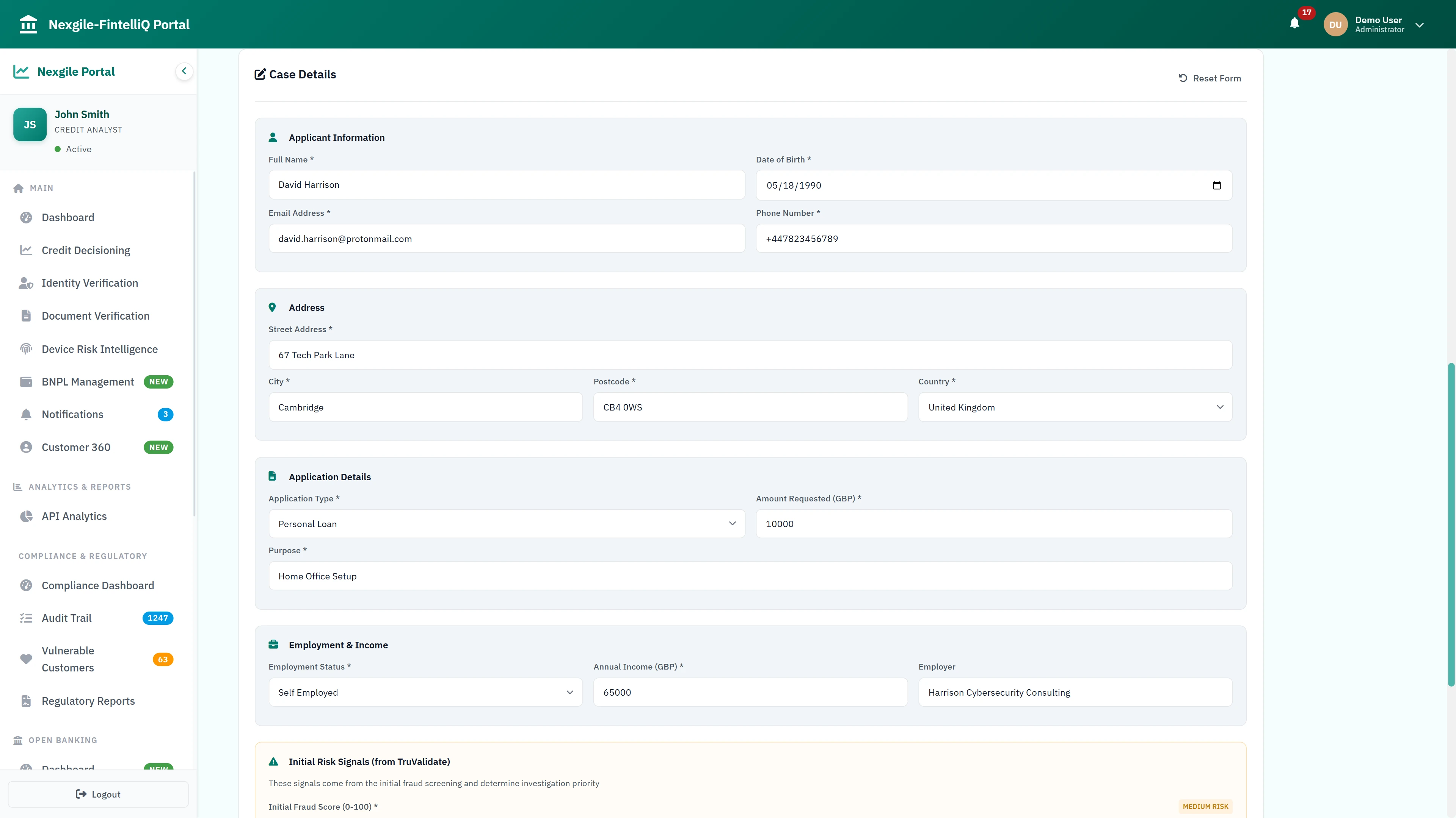 Illustrative preview (sample data, not verified outcomes): Fraud Case Details - Comprehensive case intake form capturing applicant information, address, application details, employment data, and initial risk signals