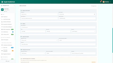 Illustrative preview (sample data, not verified outcomes): Fraud Case Details - Comprehensive case intake form capturing applicant information, address, application details, employment data, and initial risk signals