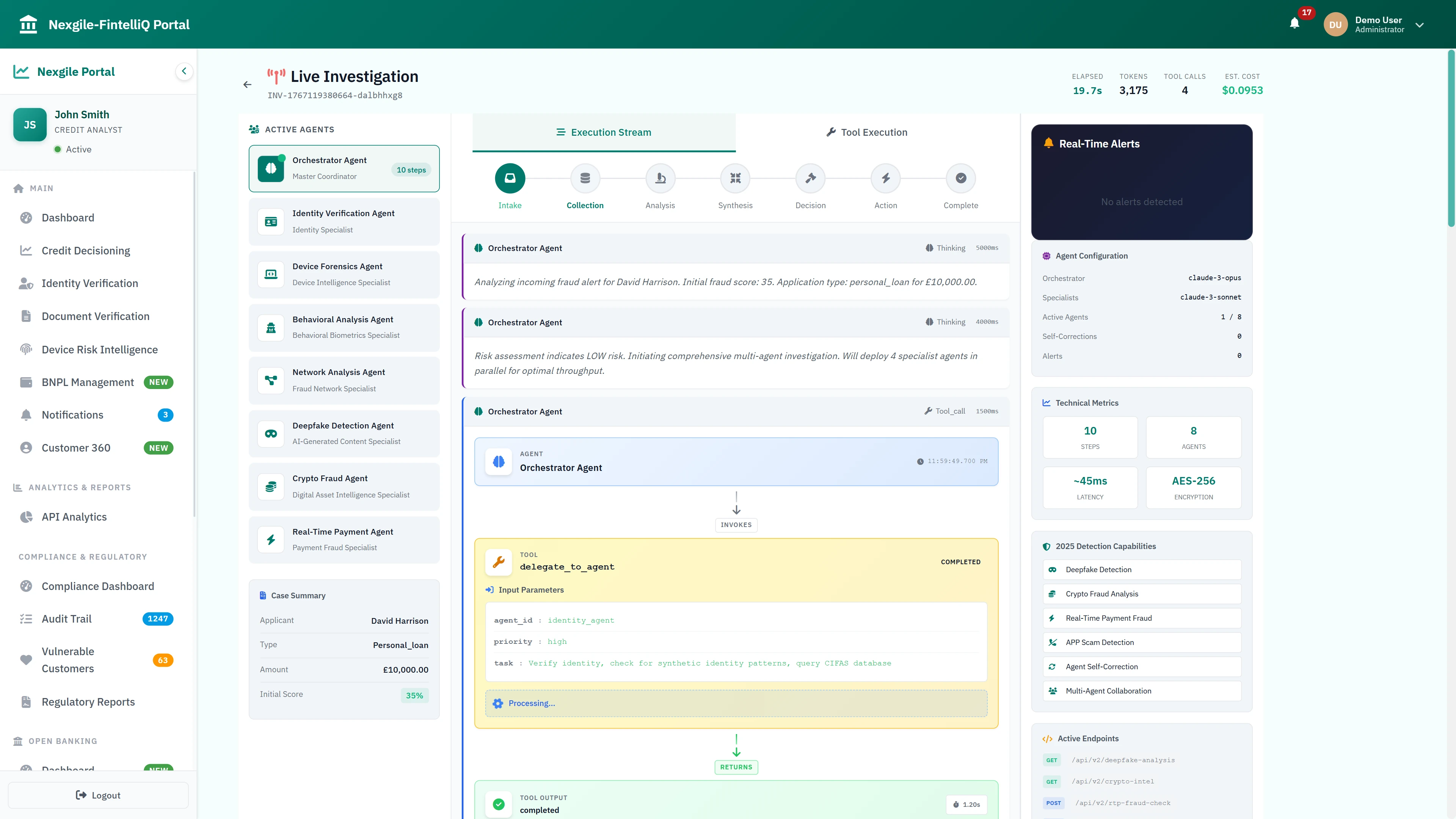 Illustrative preview (sample data, not verified outcomes): Live Investigation Console - Real-time multi-agent investigation with 8 specialized agents, execution stream showing 7 investigation phases, and technical metrics
