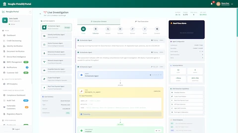 Illustrative preview (sample data, not verified outcomes): Live Investigation Console - Real-time multi-agent investigation with 8 specialized agents, execution stream showing 7 investigation phases, and technical metrics