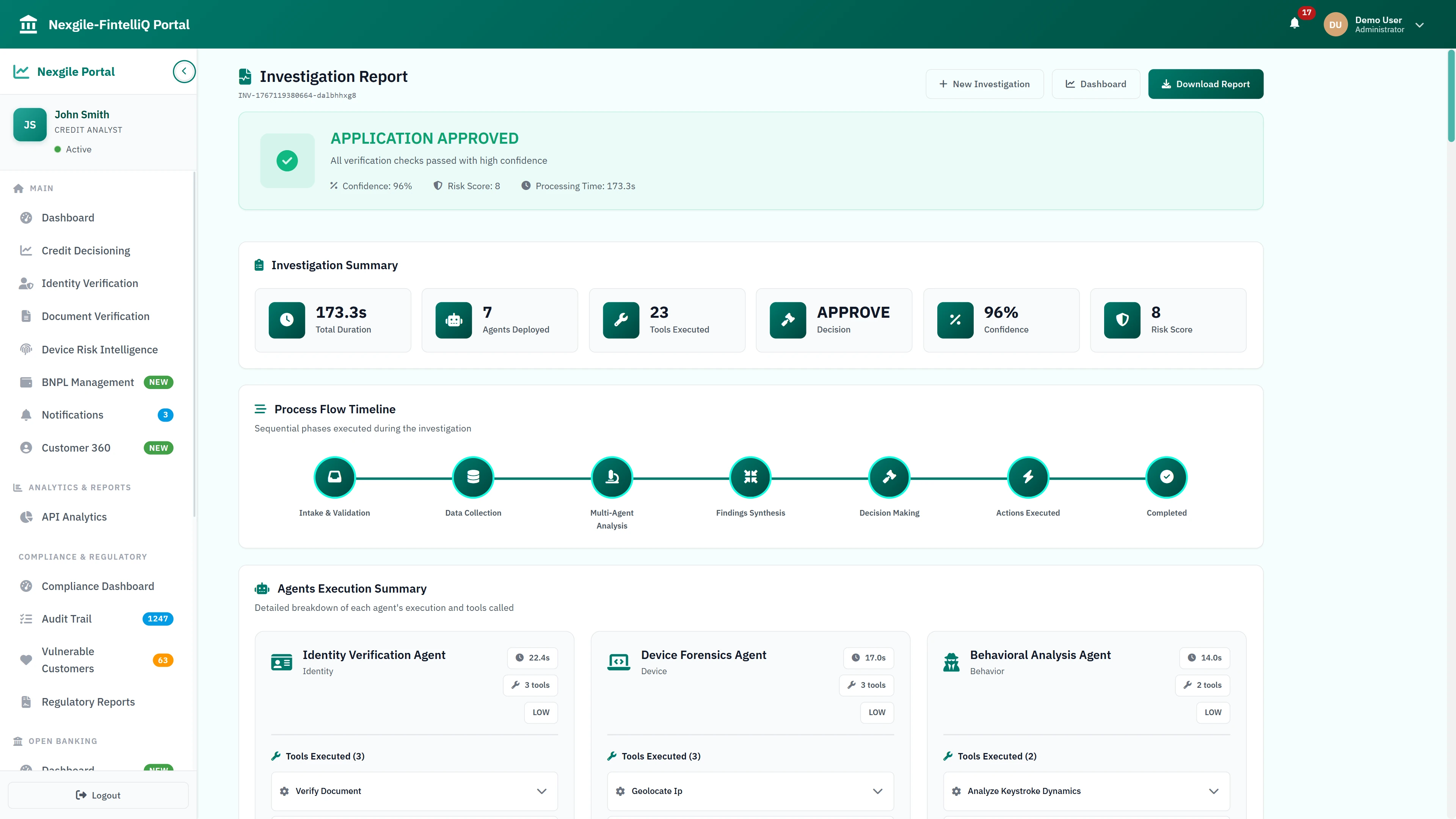 Illustrative preview (sample data, not verified outcomes): Investigation Report - APPLICATION APPROVED decision with 96% confidence, showing 173.3s processing time, 7 agents deployed, process flow timeline, and detailed agent execution summary