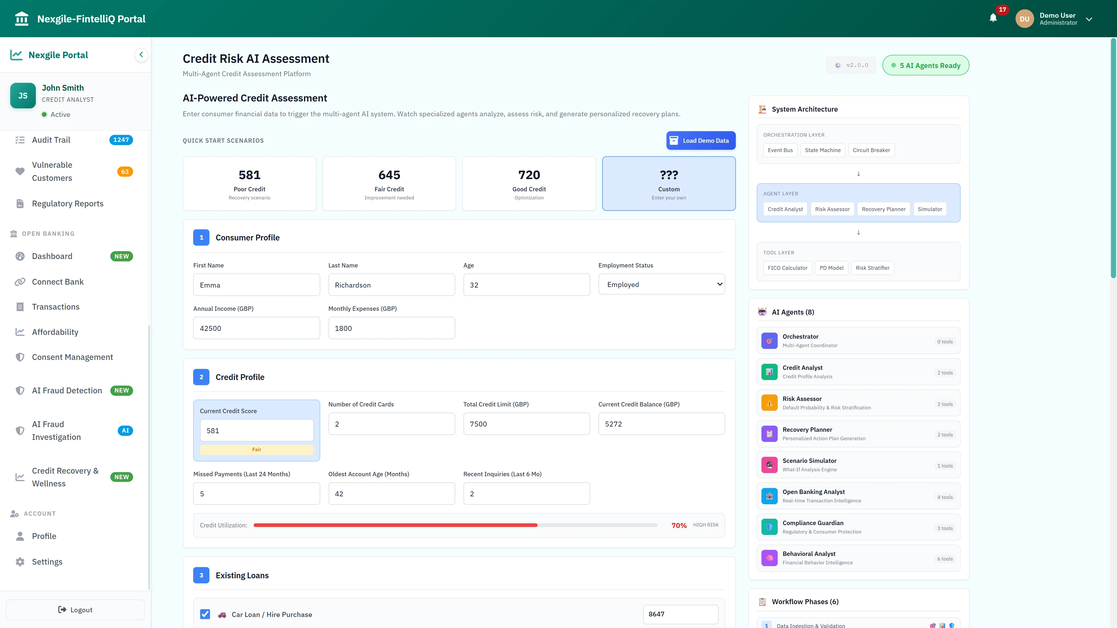 Illustrative preview (sample data, not verified outcomes): Credit Risk AI Assessment - Consumer profile input with credit score 581, credit profile details showing 70% utilization, and 8 AI agents with workflow phases