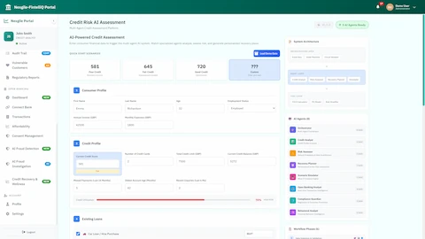 Illustrative preview (sample data, not verified outcomes): Credit Risk AI Assessment - Consumer profile input with credit score 581, credit profile details showing 70% utilization, and 8 AI agents with workflow phases