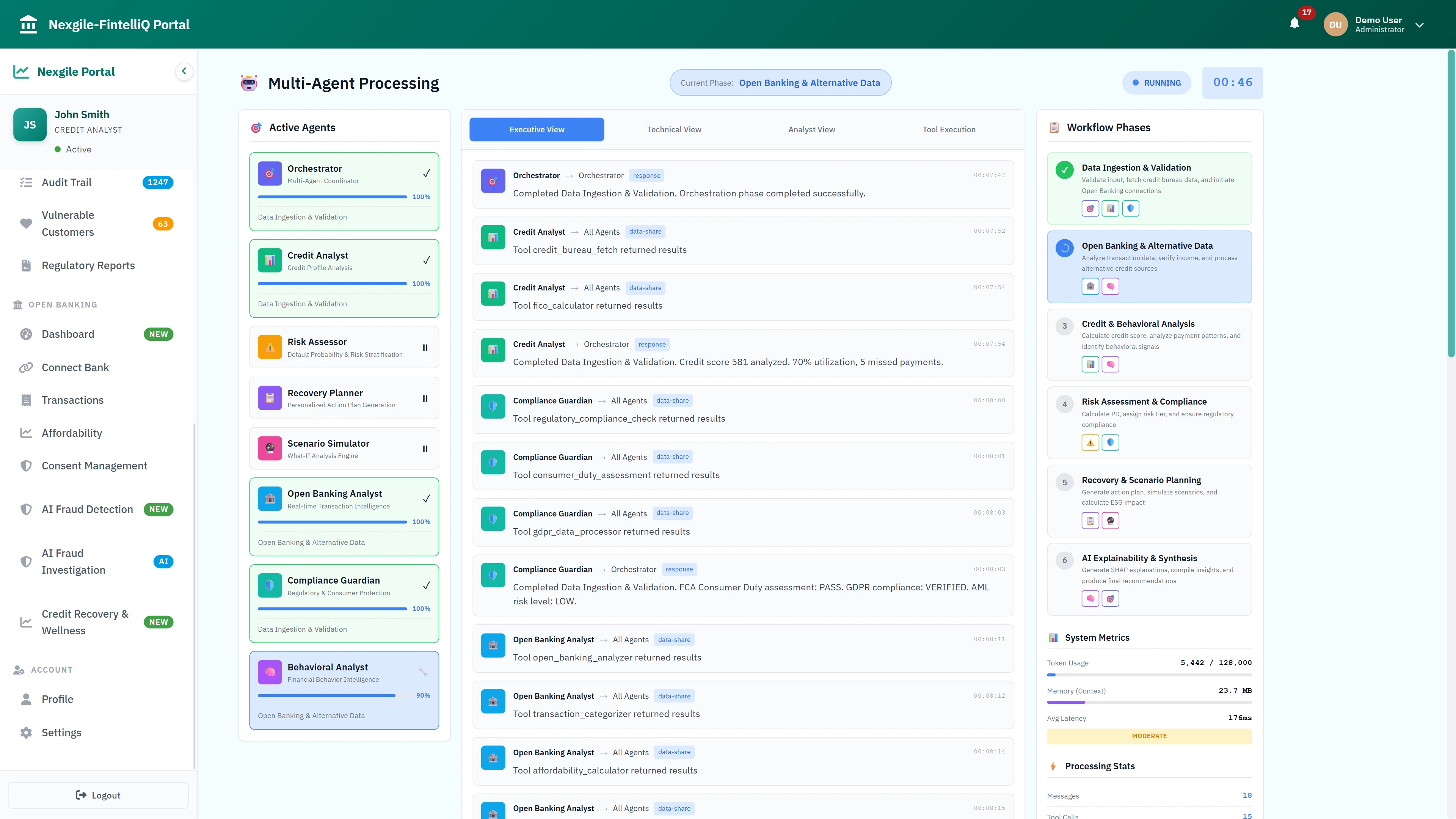 Illustrative preview (sample data, not verified outcomes): Multi-Agent Processing - Real-time agent execution showing Executive/Technical/Analyst views, active agents progress, and 6 workflow phases including Open Banking analysis