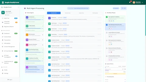 Illustrative preview (sample data, not verified outcomes): Multi-Agent Processing - Real-time agent execution showing Executive/Technical/Analyst views, active agents progress, and 6 workflow phases including Open Banking analysis