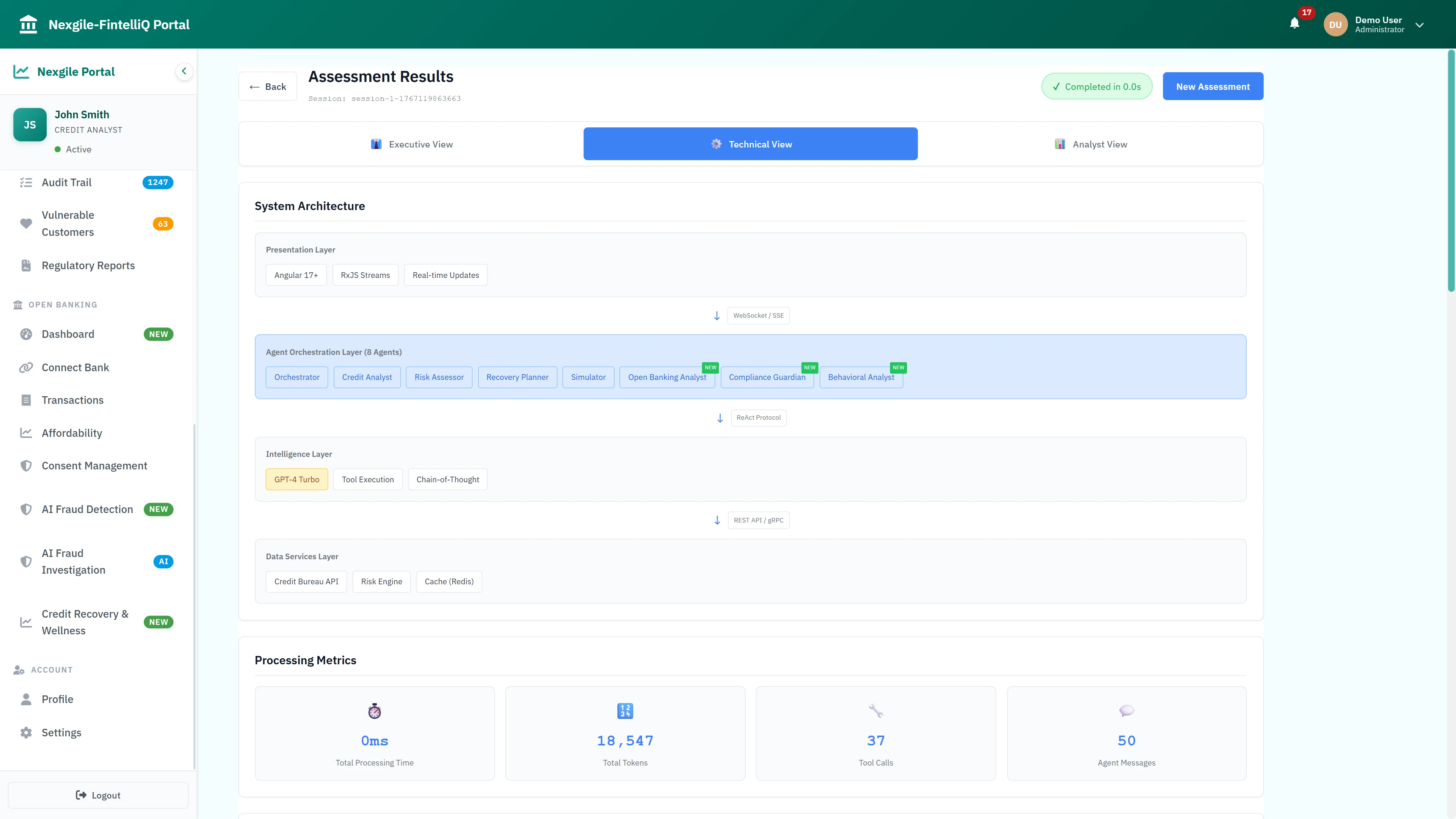 Illustrative preview (sample data, not verified outcomes): Assessment Results Technical View - System architecture diagram showing presentation layer, 8-agent orchestration layer, GPT-4 Turbo intelligence layer, and processing metrics