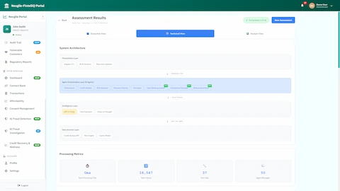 Illustrative preview (sample data, not verified outcomes): Assessment Results Technical View - System architecture diagram showing presentation layer, 8-agent orchestration layer, GPT-4 Turbo intelligence layer, and processing metrics