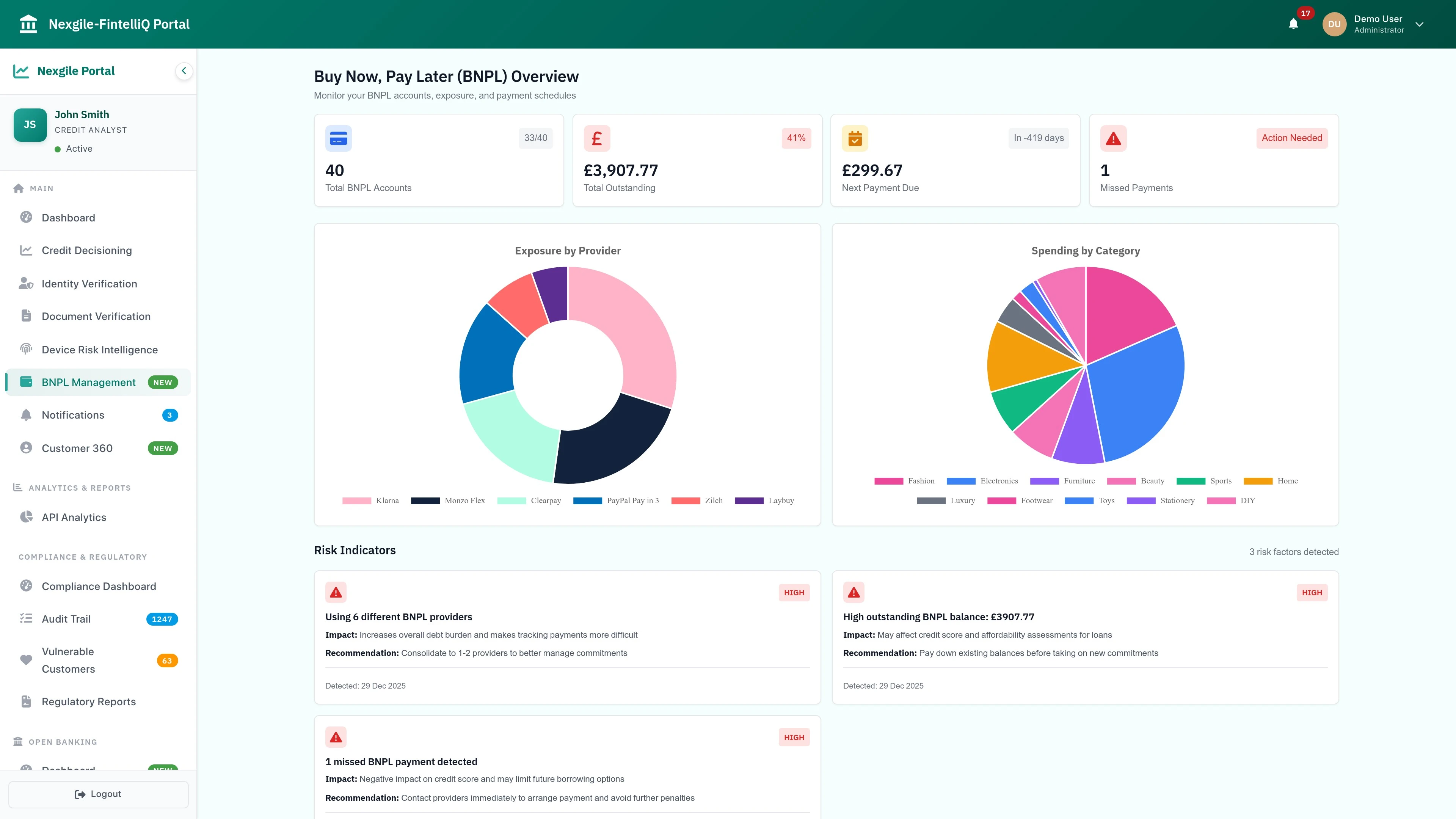 Illustrative preview (sample data, not verified outcomes): BNPL Dashboard - Comprehensive view of Buy Now Pay Later accounts and exposure