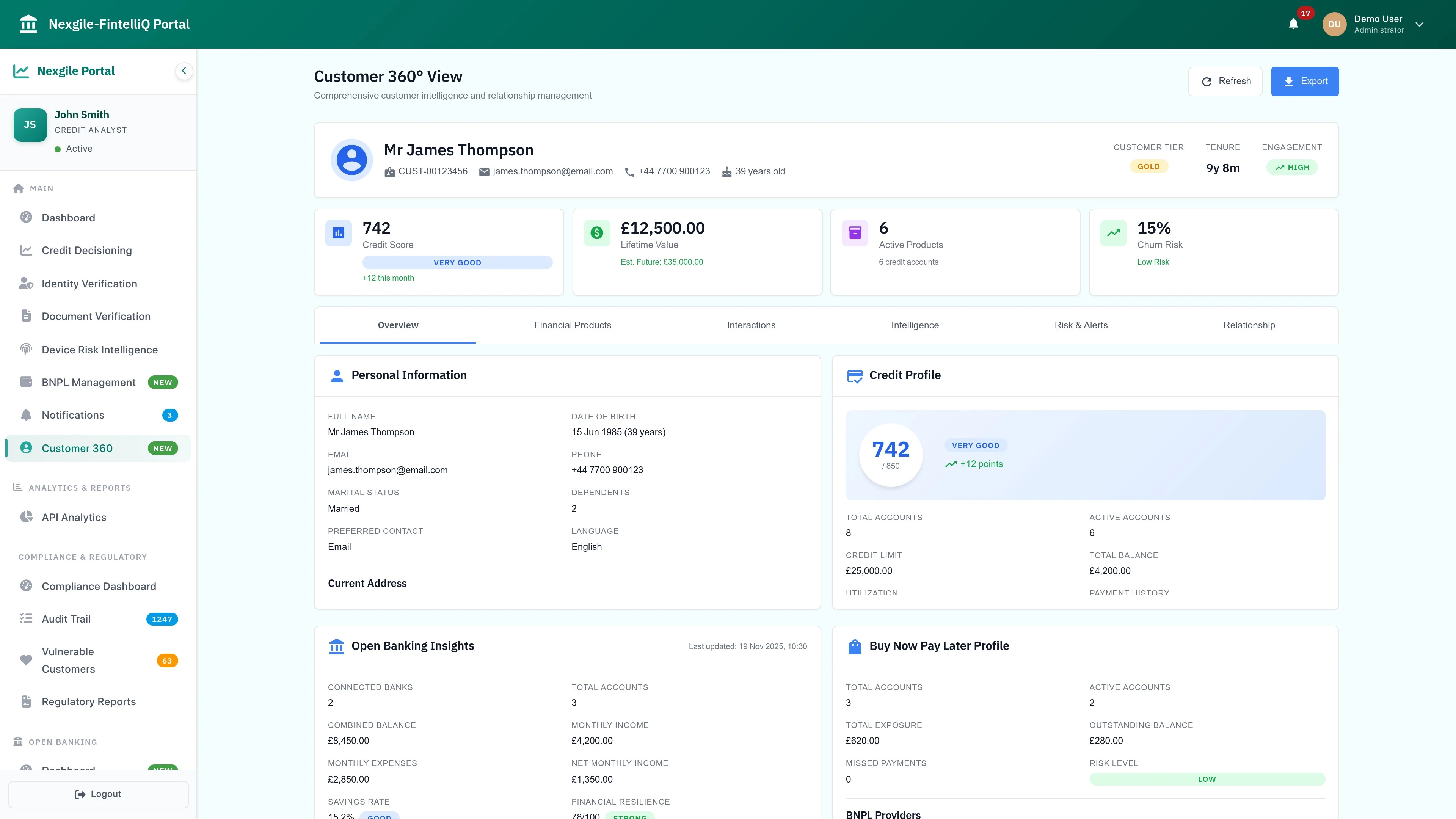 Illustrative preview (sample data, not verified outcomes): Customer 360 View - Comprehensive customer overview with credit analysis and fraud detection
