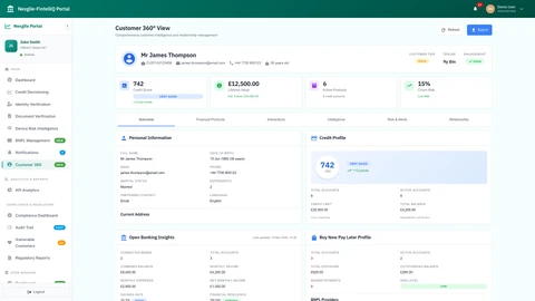 Illustrative preview (sample data, not verified outcomes): Customer 360 View - Comprehensive customer overview with credit analysis and fraud detection