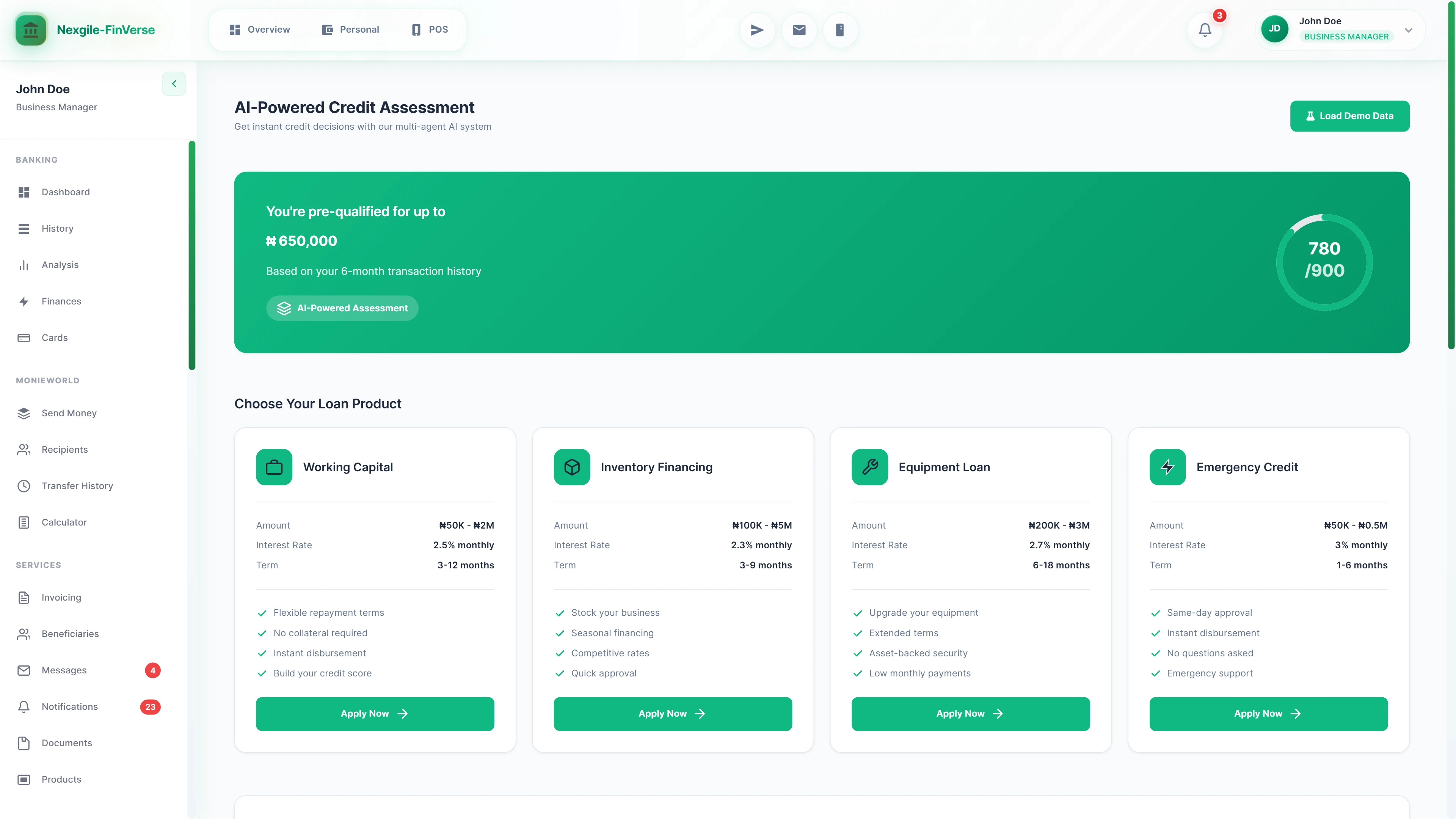 Illustrative preview (sample data, not verified outcomes): AI Credit Assessment landing page displaying pre-qualification amount (₦650,000), credit score gauge (780/900), and loan product catalog featuring Working Capital, Inventory Financing, Equipment Loan, and Emergency Credit options with terms and rates