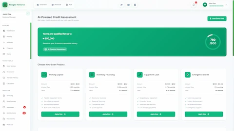 Illustrative preview (sample data, not verified outcomes): AI Credit Assessment landing page displaying pre-qualification amount (₦650,000), credit score gauge (780/900), and loan product catalog featuring Working Capital, Inventory Financing, Equipment Loan, and Emergency Credit options with terms and rates