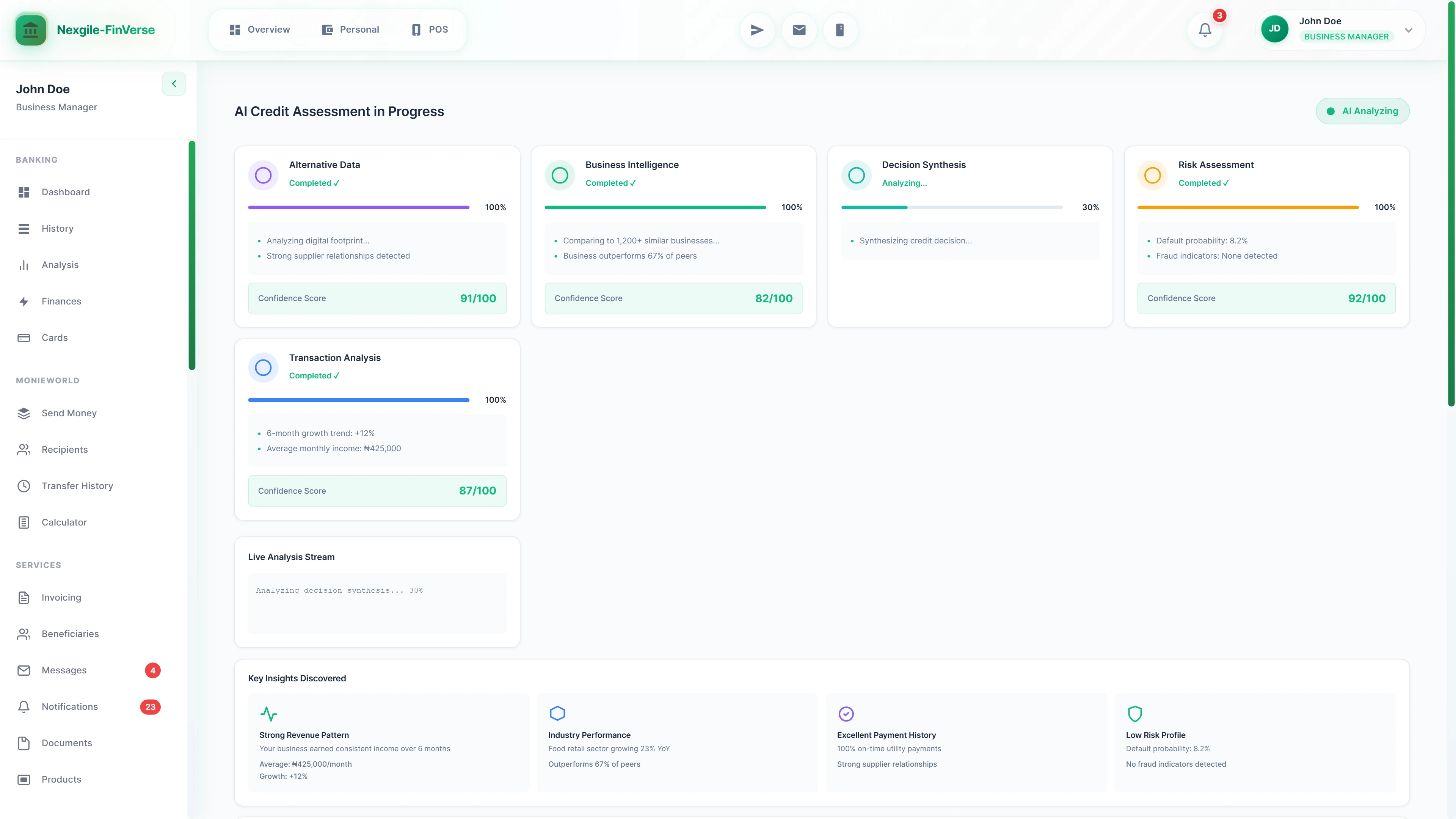 Illustrative preview (sample data, not verified outcomes): Multi-agent analysis dashboard showing five AI agents (Alternative Data, Business Intelligence, Decision Synthesis, Transaction Analysis, Risk Assessment) processing in parallel with confidence scores, live analysis stream, and key insights discovered including revenue patterns and risk profile