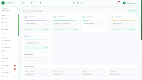 Illustrative preview (sample data, not verified outcomes): Multi-agent analysis dashboard showing five AI agents (Alternative Data, Business Intelligence, Decision Synthesis, Transaction Analysis, Risk Assessment) processing in parallel with confidence scores, live analysis stream, and key insights discovered including revenue patterns and risk profile