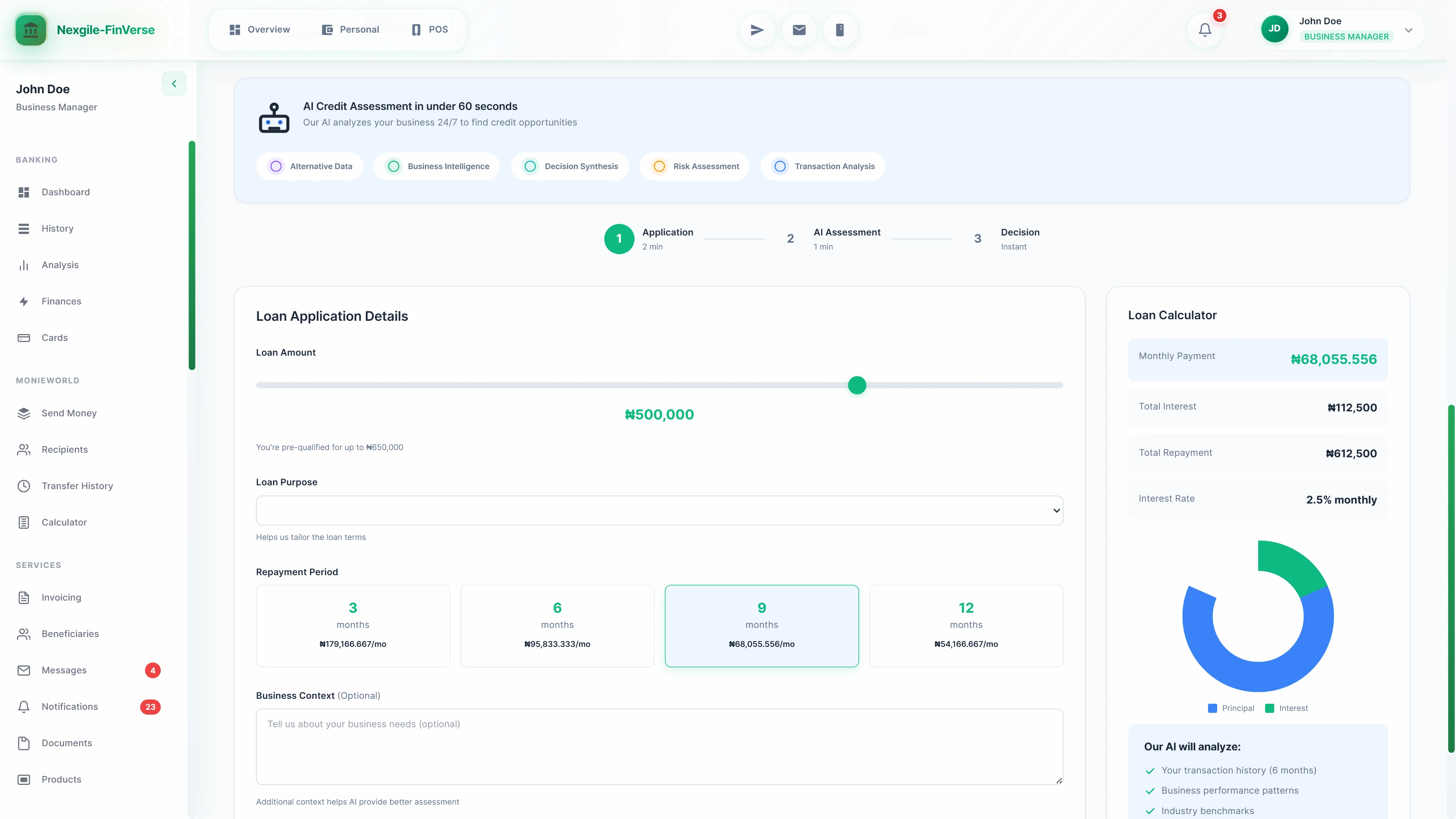 Illustrative preview (sample data, not verified outcomes): Loan application form with amount slider (₦500,000), repayment period selection (3-12 months), real-time loan calculator displaying monthly payment, total interest, and repayment breakdown, plus AI analysis indicators for transaction history and business benchmarks