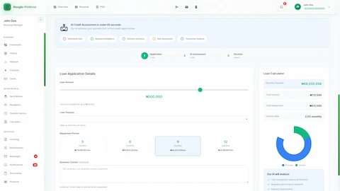 Illustrative preview (sample data, not verified outcomes): Loan application form with amount slider (₦500,000), repayment period selection (3-12 months), real-time loan calculator displaying monthly payment, total interest, and repayment breakdown, plus AI analysis indicators for transaction history and business benchmarks