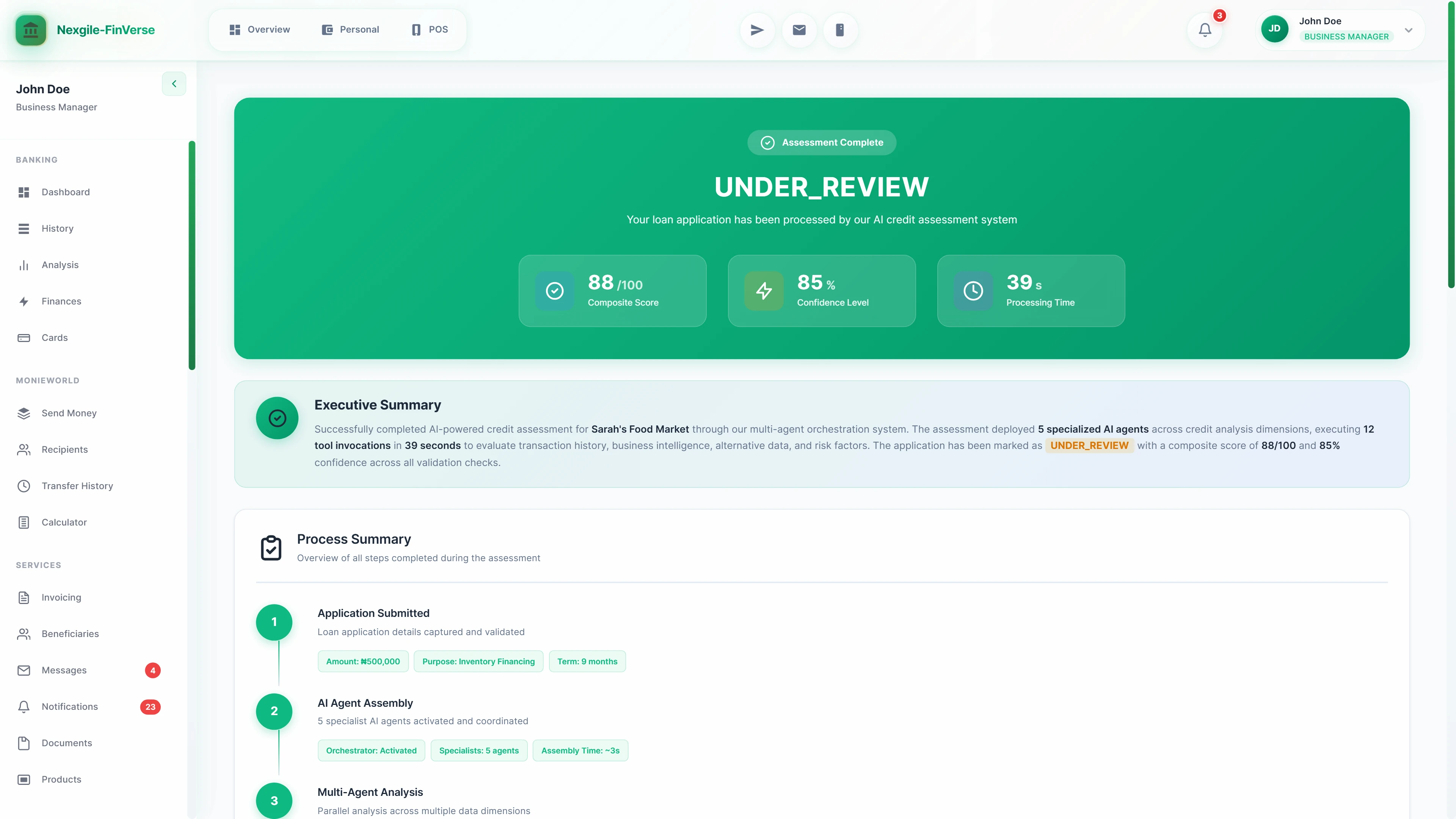 Illustrative preview (sample data, not verified outcomes): Assessment complete screen showing UNDER_REVIEW decision with composite credit score (88/100), 85% confidence level, 39-second processing time, executive summary of 5 specialized AI agents analysis, and step-by-step process timeline from application to multi-agent analysis