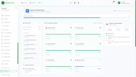 Illustrative preview (sample data, not verified outcomes): Agent Orchestration view showing six fraud detection agents (Behavioral Pattern, Network Graph, Anomaly Detection, Device Intelligence, Contextual Risk, Adaptive Learning) with RAG context retrieving 2,034 documents from transaction history, fraud pattern database, and ML model ensemble data sources