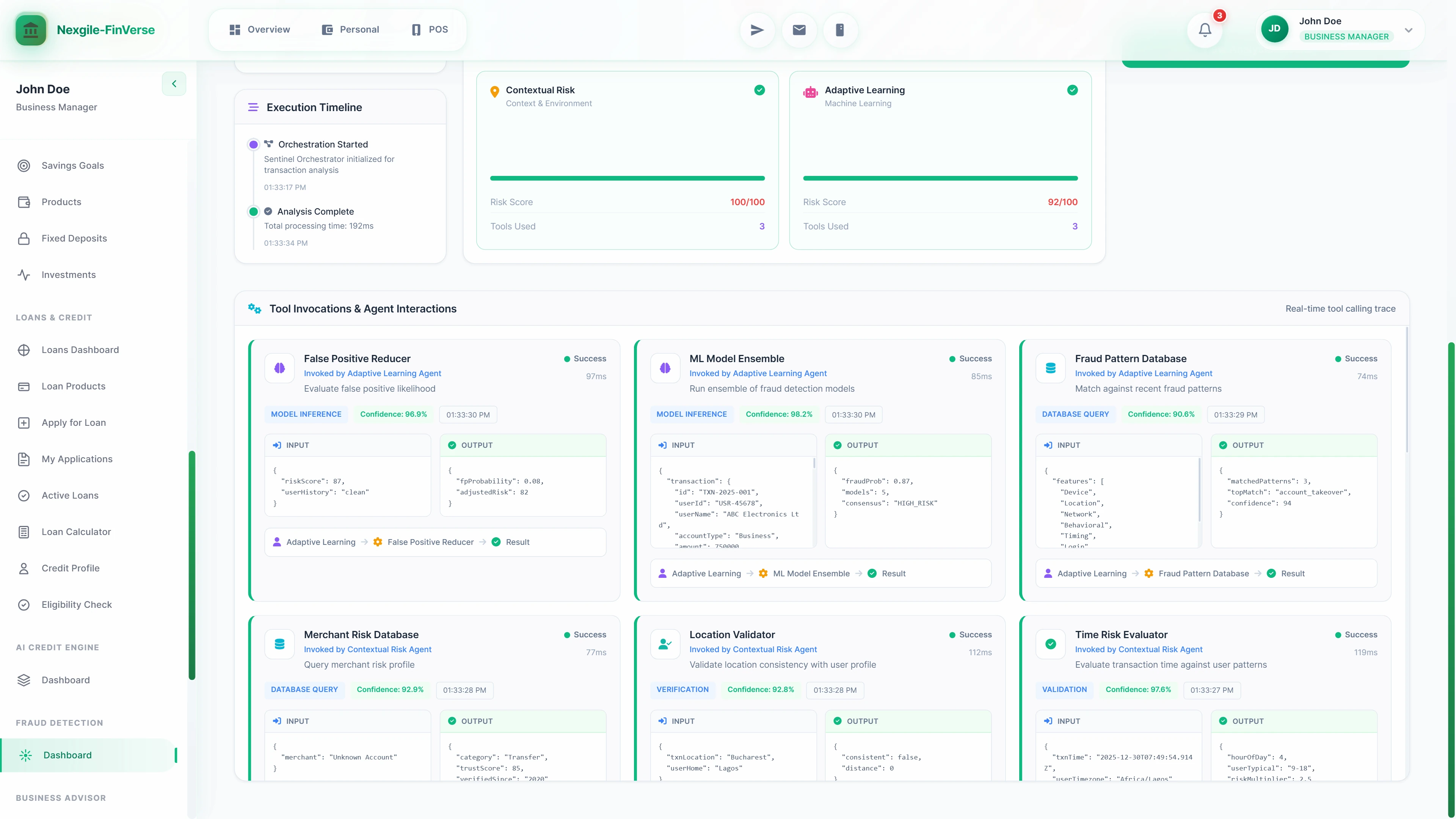 Illustrative preview (sample data, not verified outcomes): Tool Invocations and Agent Interactions view showing real-time tool calling trace with detailed input/output JSON for False Positive Reducer, ML Model Ensemble, Fraud Pattern Database, Merchant Risk Database, Location Validator, and Time Risk Evaluator with confidence percentages
