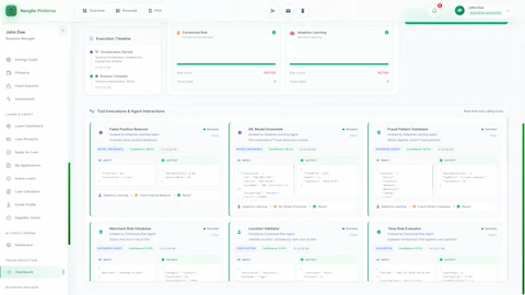 Illustrative preview (sample data, not verified outcomes): Tool Invocations and Agent Interactions view showing real-time tool calling trace with detailed input/output JSON for False Positive Reducer, ML Model Ensemble, Fraud Pattern Database, Merchant Risk Database, Location Validator, and Time Risk Evaluator with confidence percentages