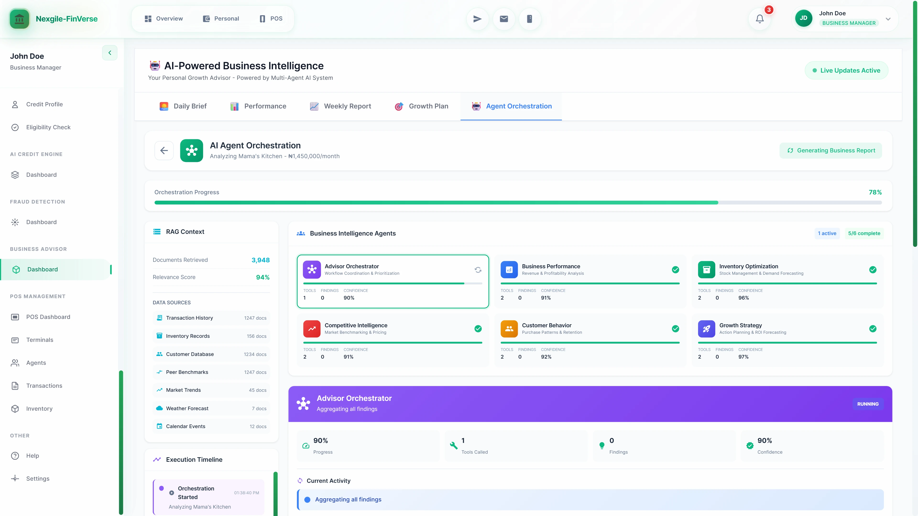 Illustrative preview (sample data, not verified outcomes): AI Agent Orchestration view showing six business intelligence agents (Advisor Orchestrator, Business Performance, Inventory Optimization, Competitive Intelligence, Customer Behavior, Growth Strategy) with RAG context retrieving 3,948 documents and 94% relevance score from multiple data sources
