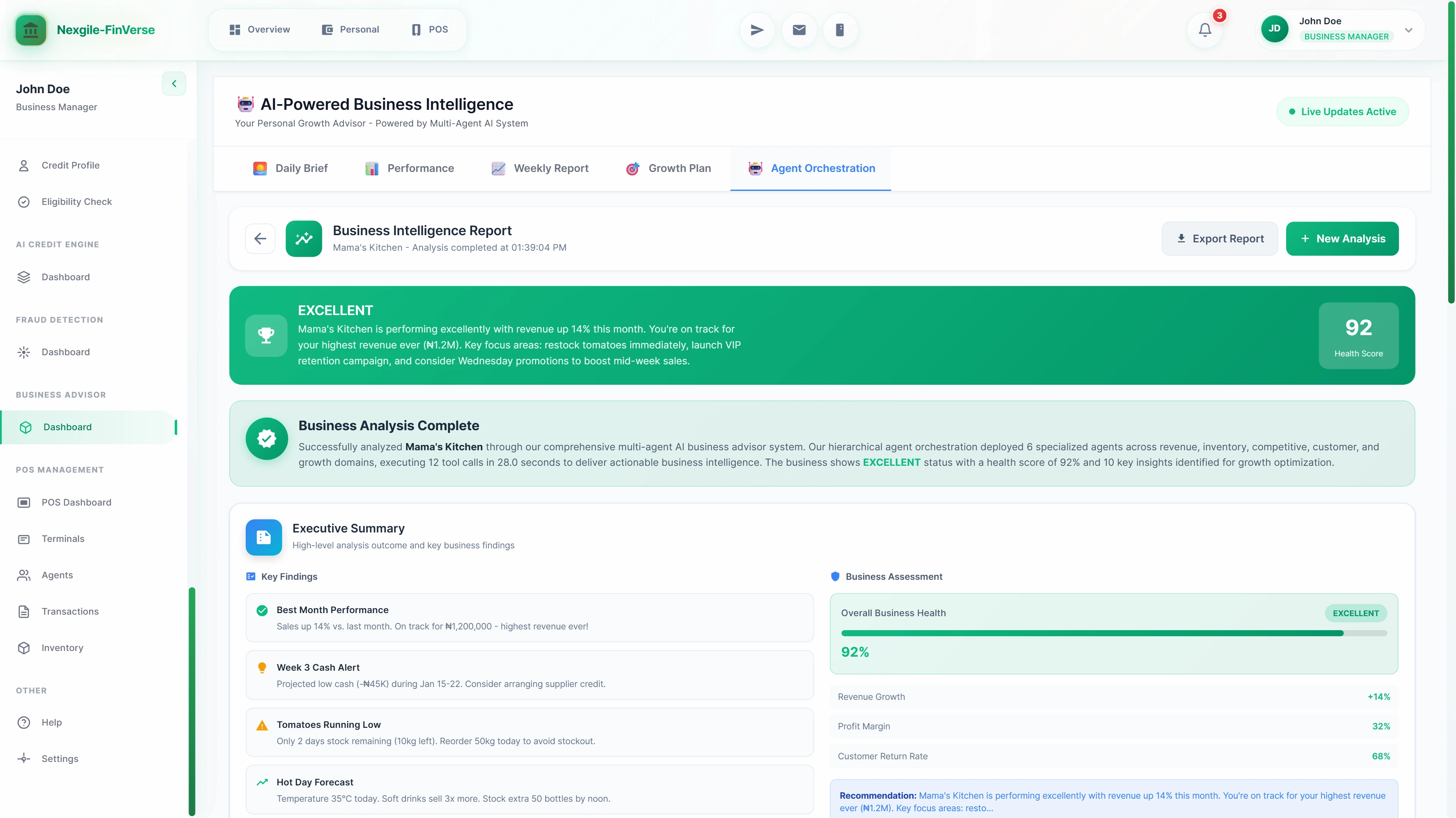 Illustrative preview (sample data, not verified outcomes): Business Intelligence Report displaying EXCELLENT health score (92/100), executive summary with 14% revenue growth, key findings including cash flow alerts and inventory warnings, and business assessment metrics with actionable recommendations for growth optimization