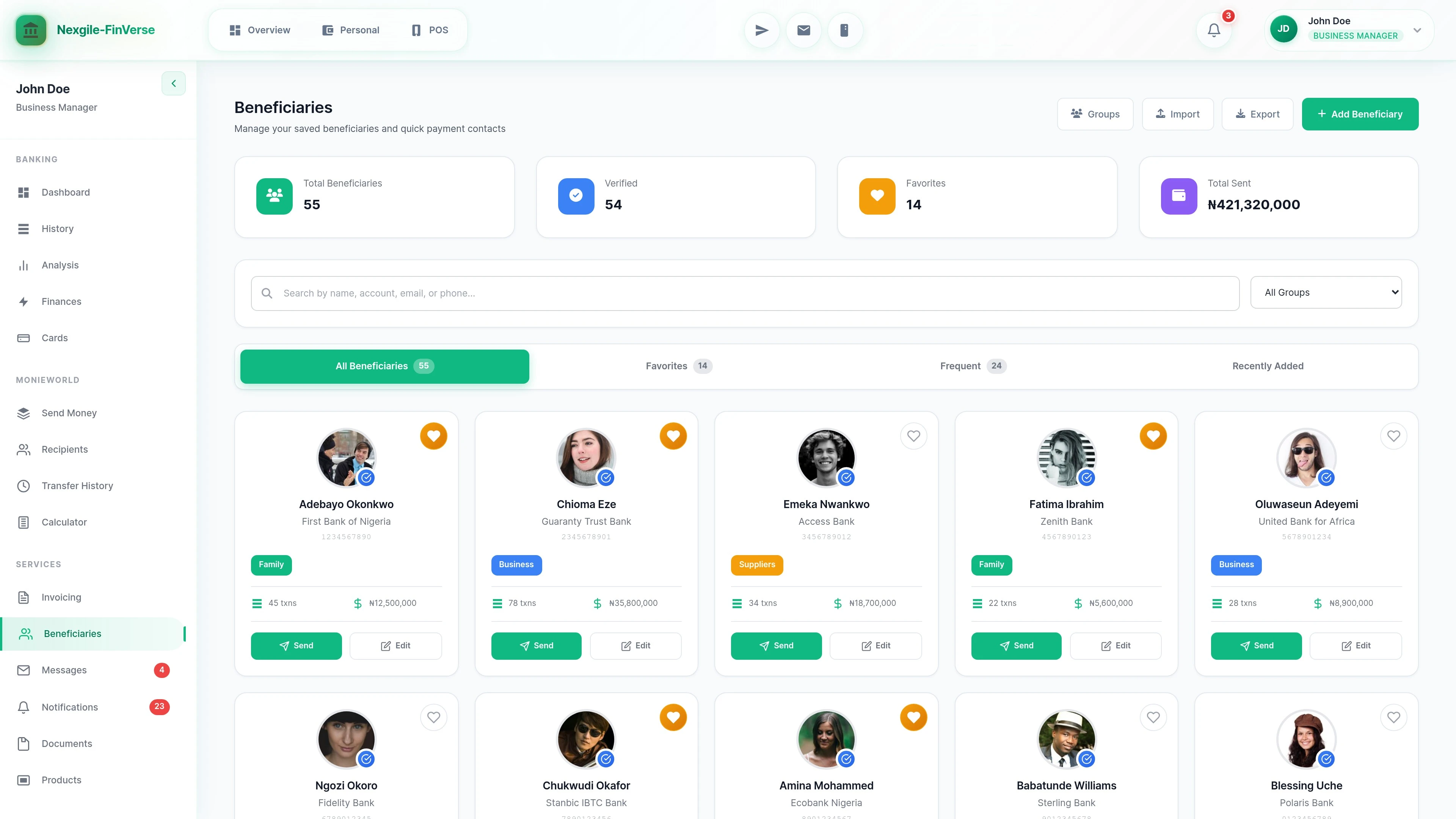 Illustrative preview (sample data, not verified outcomes): Beneficiaries management screen - Add and manage payment recipients