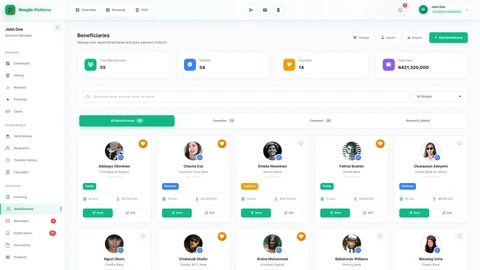Illustrative preview (sample data, not verified outcomes): Beneficiaries management screen - Add and manage payment recipients