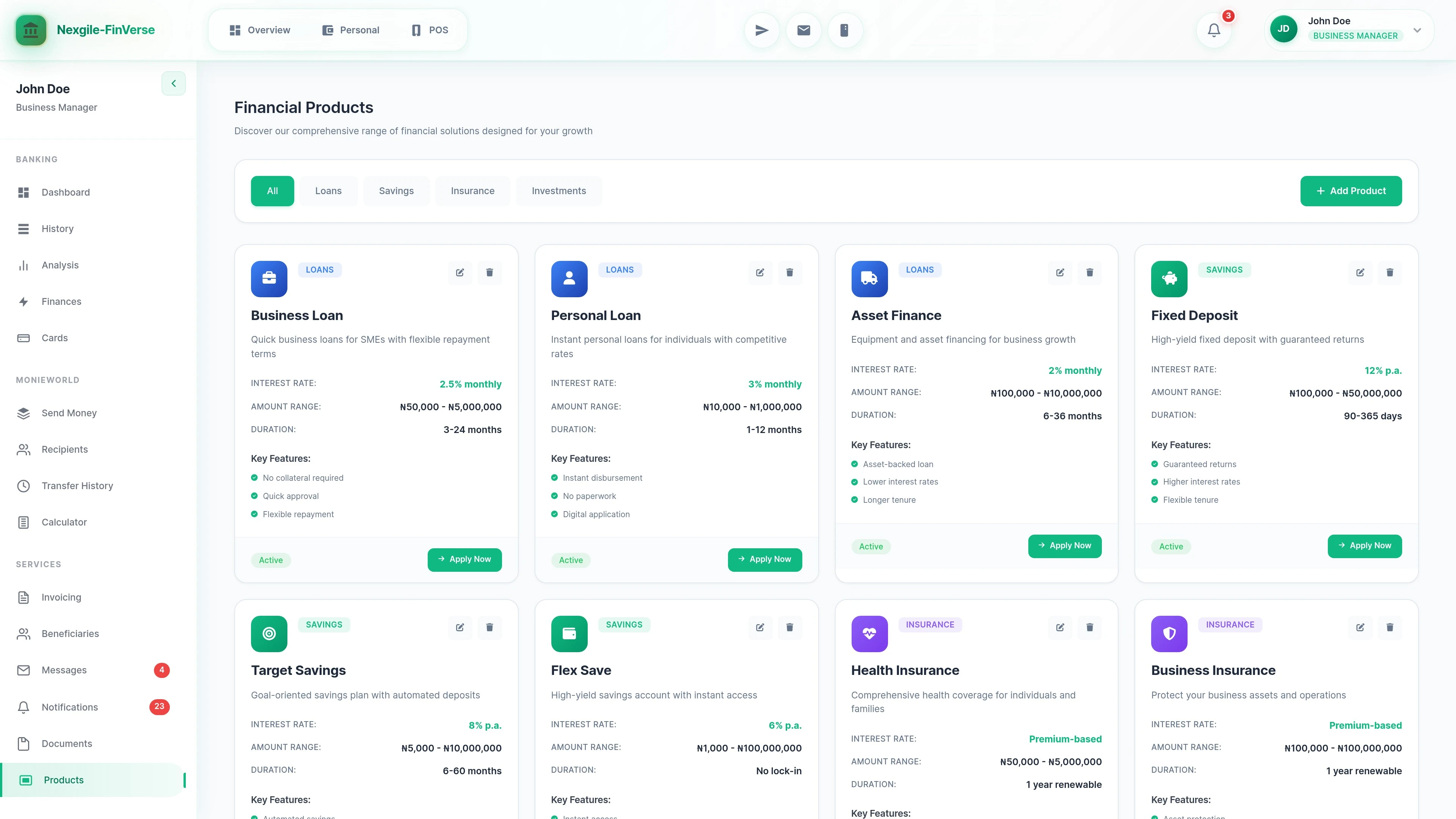 Illustrative preview (sample data, not verified outcomes): Products catalog - Browse and manage financial products and services