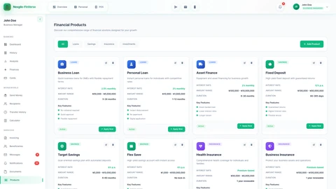 Illustrative preview (sample data, not verified outcomes): Products catalog - Browse and manage financial products and services