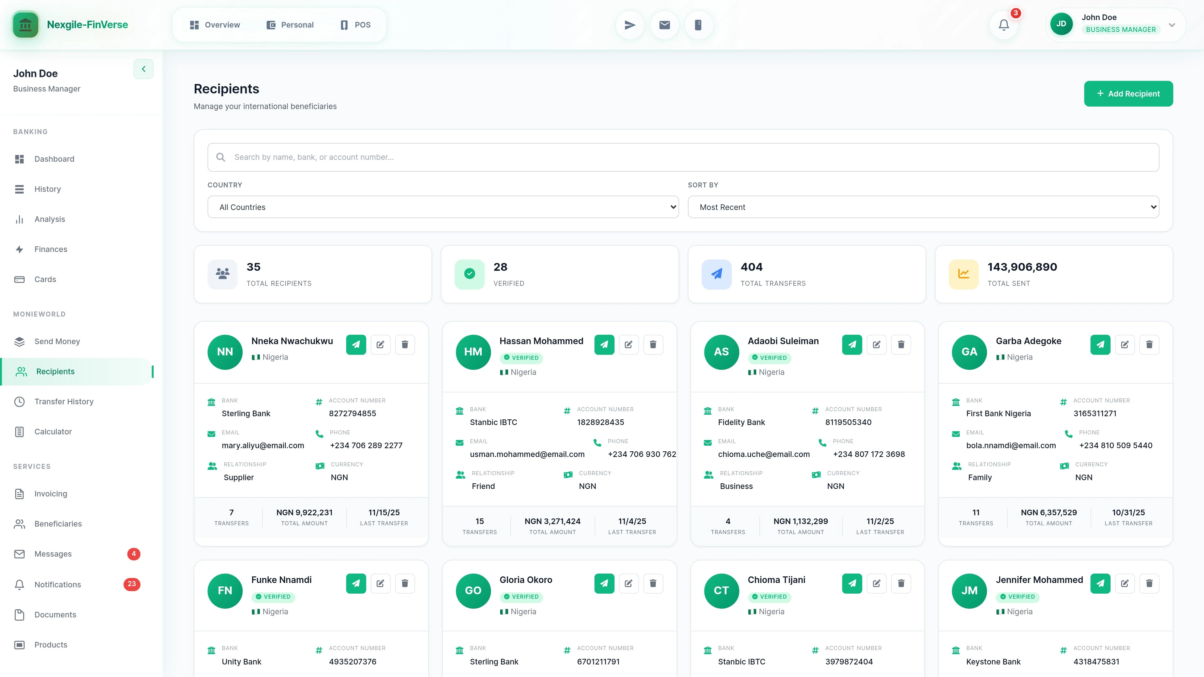 Illustrative preview (sample data, not verified outcomes): MonieWorld Recipients - International money transfer recipient management