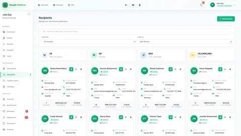 Illustrative preview (sample data, not verified outcomes): MonieWorld Recipients - International money transfer recipient management