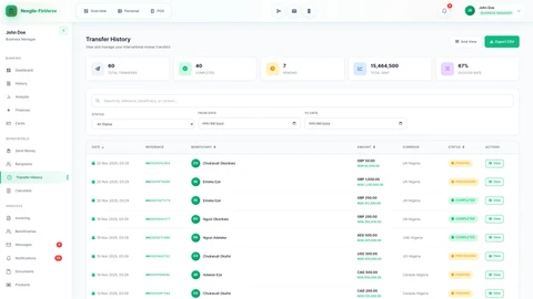 Illustrative preview (sample data, not verified outcomes): MonieWorld History - View transaction history and payment records