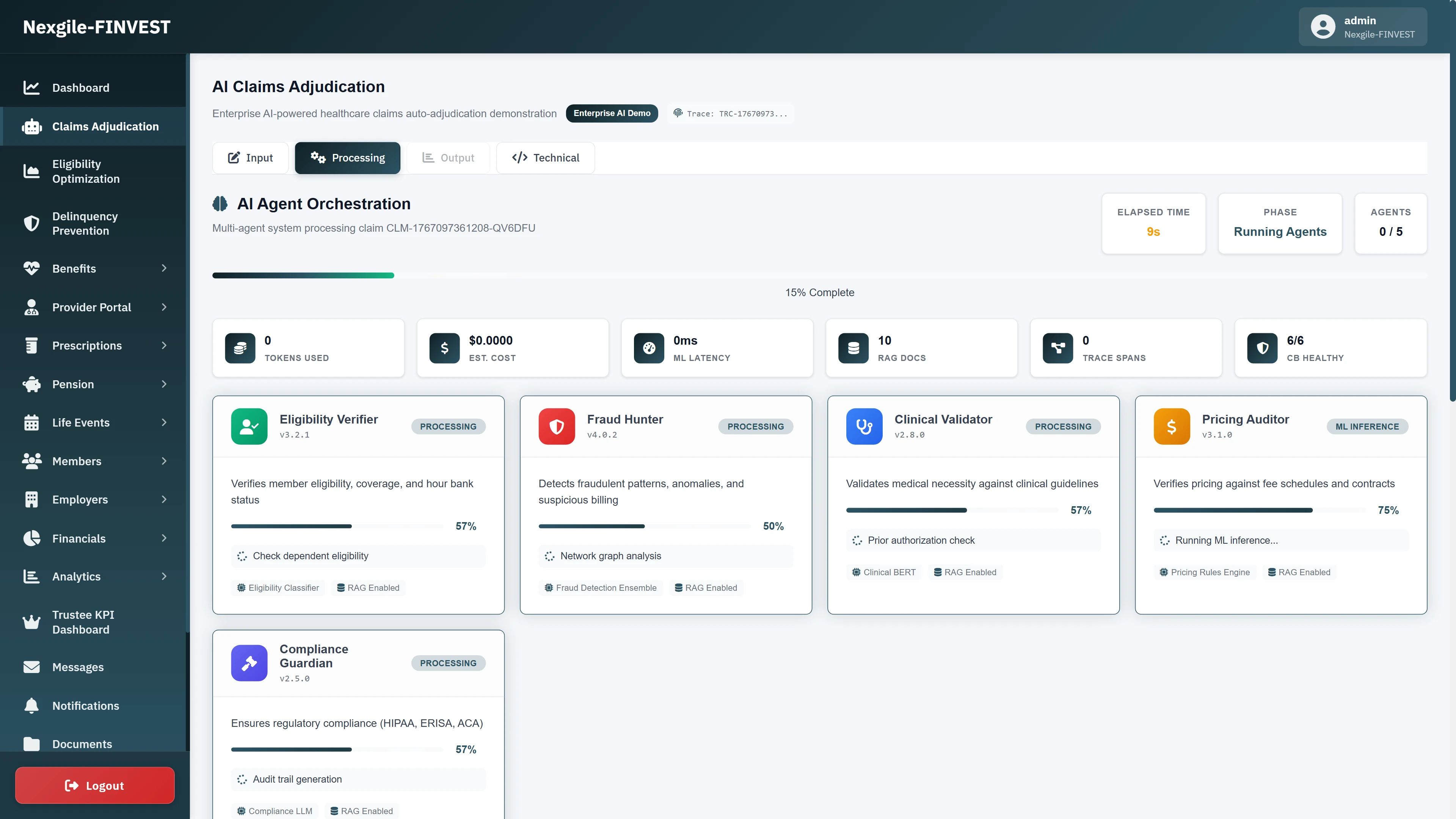 Illustrative preview (sample data, not verified outcomes): AI Agent Orchestration processing view showing five parallel agents (Eligibility Verifier, Fraud Hunter, Clinical Validator, Pricing Auditor, Compliance Guardian) actively processing a healthcare claim with real-time progress indicators, token usage metrics, and RAG-enabled ML inference status