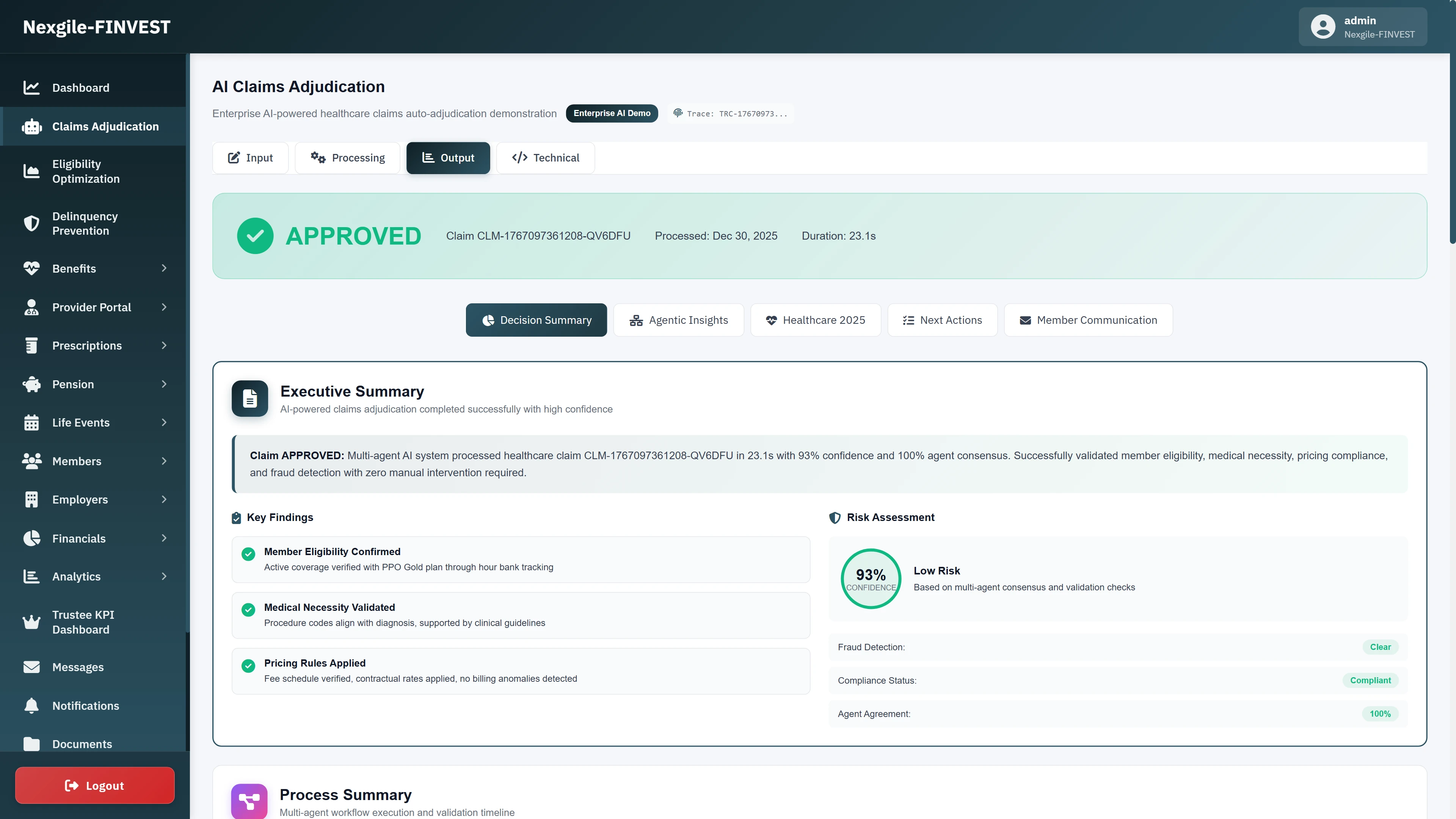 Illustrative preview (sample data, not verified outcomes): Claims adjudication output displaying an APPROVED decision with 93% confidence score, executive summary of multi-agent consensus, key findings (Member Eligibility Confirmed, Medical Necessity Validated, Pricing Rules Applied), and comprehensive risk assessment with fraud detection and compliance status
