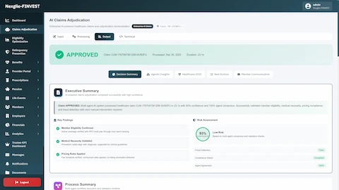 Illustrative preview (sample data, not verified outcomes): Claims adjudication output displaying an APPROVED decision with 93% confidence score, executive summary of multi-agent consensus, key findings (Member Eligibility Confirmed, Medical Necessity Validated, Pricing Rules Applied), and comprehensive risk assessment with fraud detection and compliance status