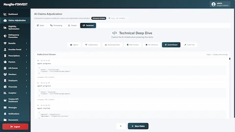 Illustrative preview (sample data, not verified outcomes): Technical Deep Dive - Kafka Event Stream showing real-time agent orchestration events with JSON payloads for claim processing phases (initializing, planning, agent.started), correlation IDs for distributed tracing, and timestamped workflow progression