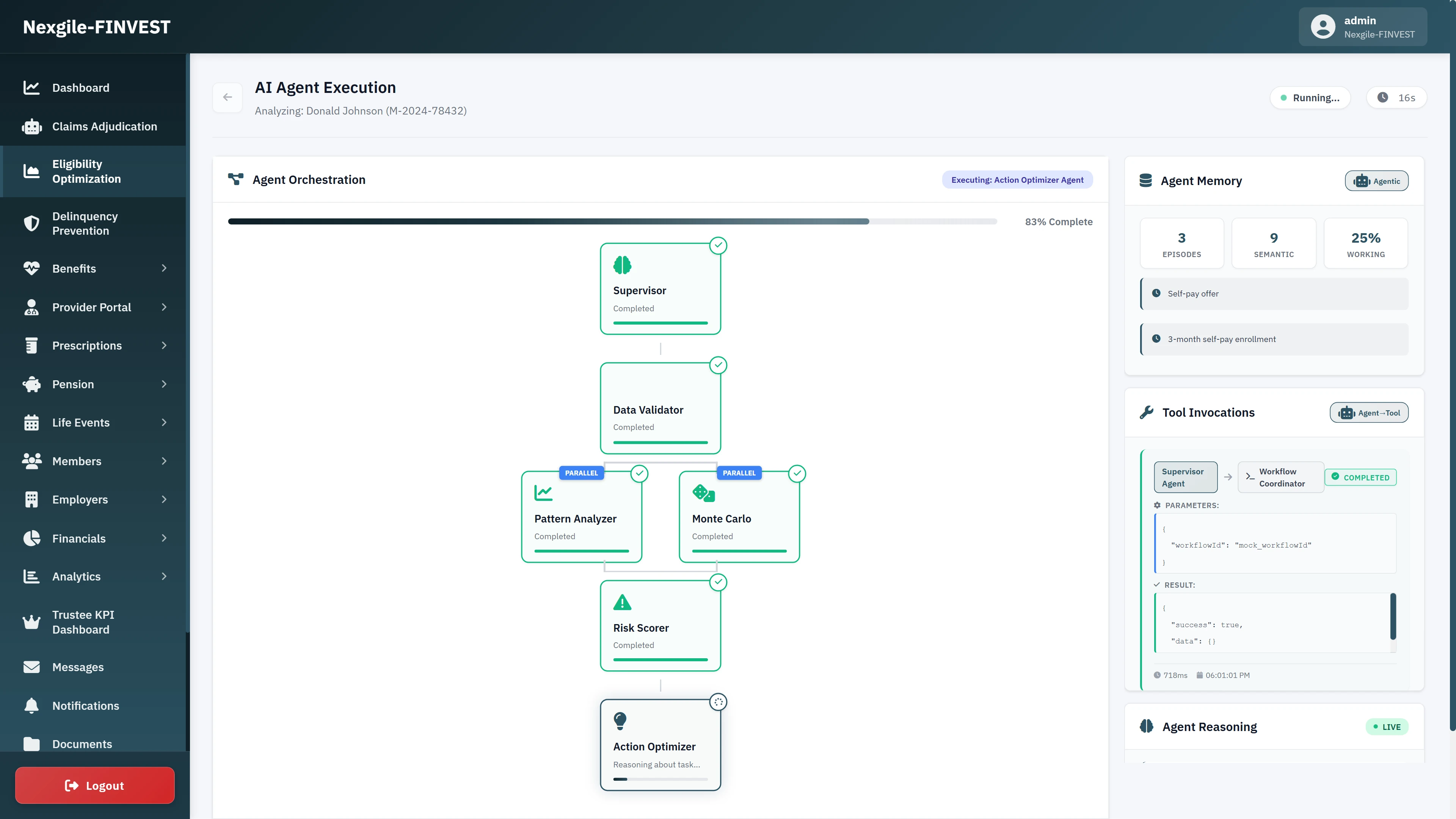 Illustrative preview (sample data, not verified outcomes): AI Agent Execution dashboard displaying DAG workflow visualization at 83% completion with Supervisor, Data Validator, Pattern Analyzer, Monte Carlo, and Risk Scorer agents completed, Action Optimizer in reasoning phase, plus Agent Memory panel showing episodic and semantic memory utilization