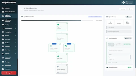 Illustrative preview (sample data, not verified outcomes): AI Agent Execution dashboard displaying DAG workflow visualization at 83% completion with Supervisor, Data Validator, Pattern Analyzer, Monte Carlo, and Risk Scorer agents completed, Action Optimizer in reasoning phase, plus Agent Memory panel showing episodic and semantic memory utilization