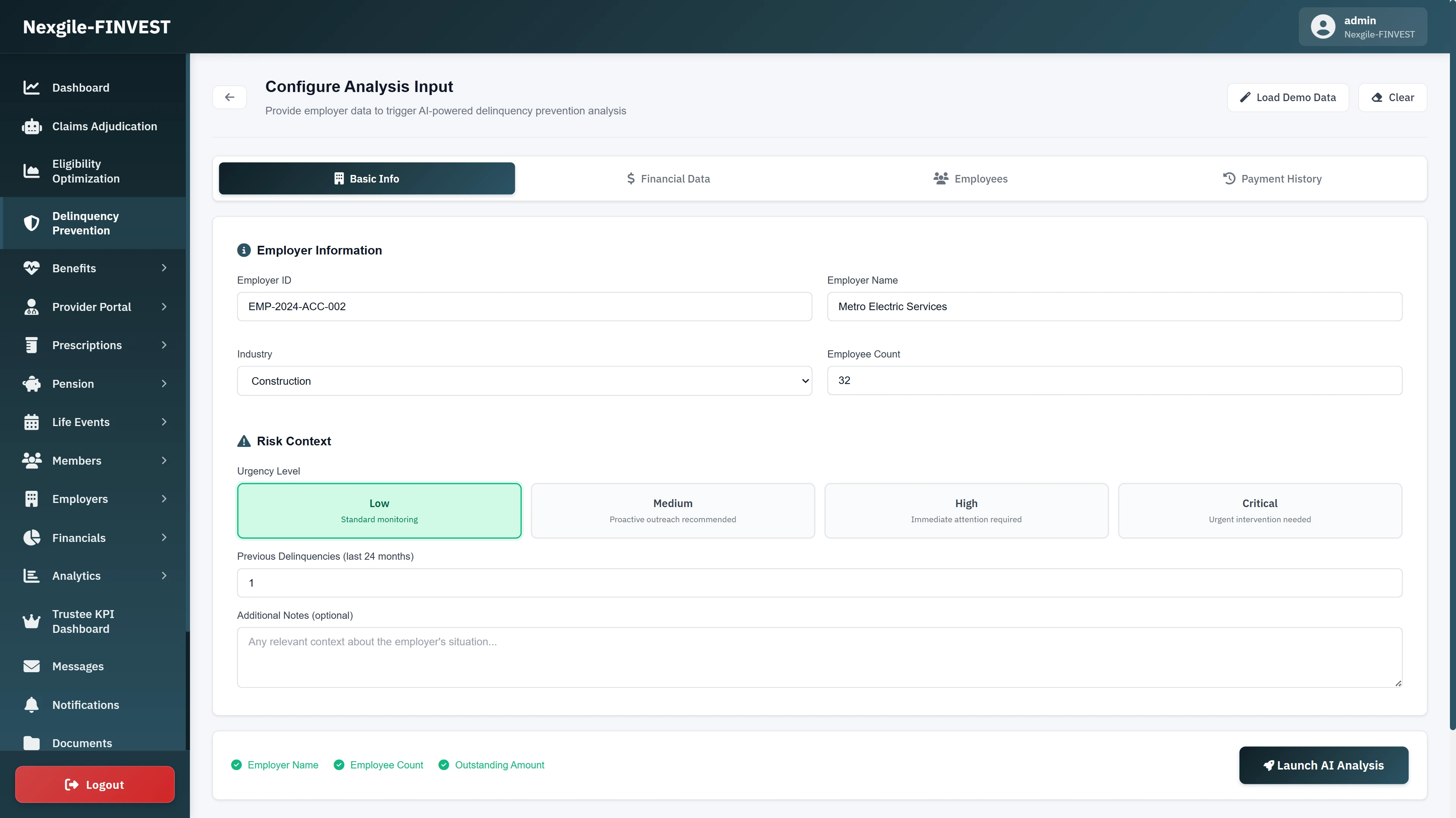 Illustrative preview (sample data, not verified outcomes): Configure Analysis Input form for employer delinquency prevention showing employer information fields (ID, name, industry, employee count), risk context with urgency level selection (Low/Medium/High/Critical), previous delinquency history tracking, and Launch AI Analysis action button